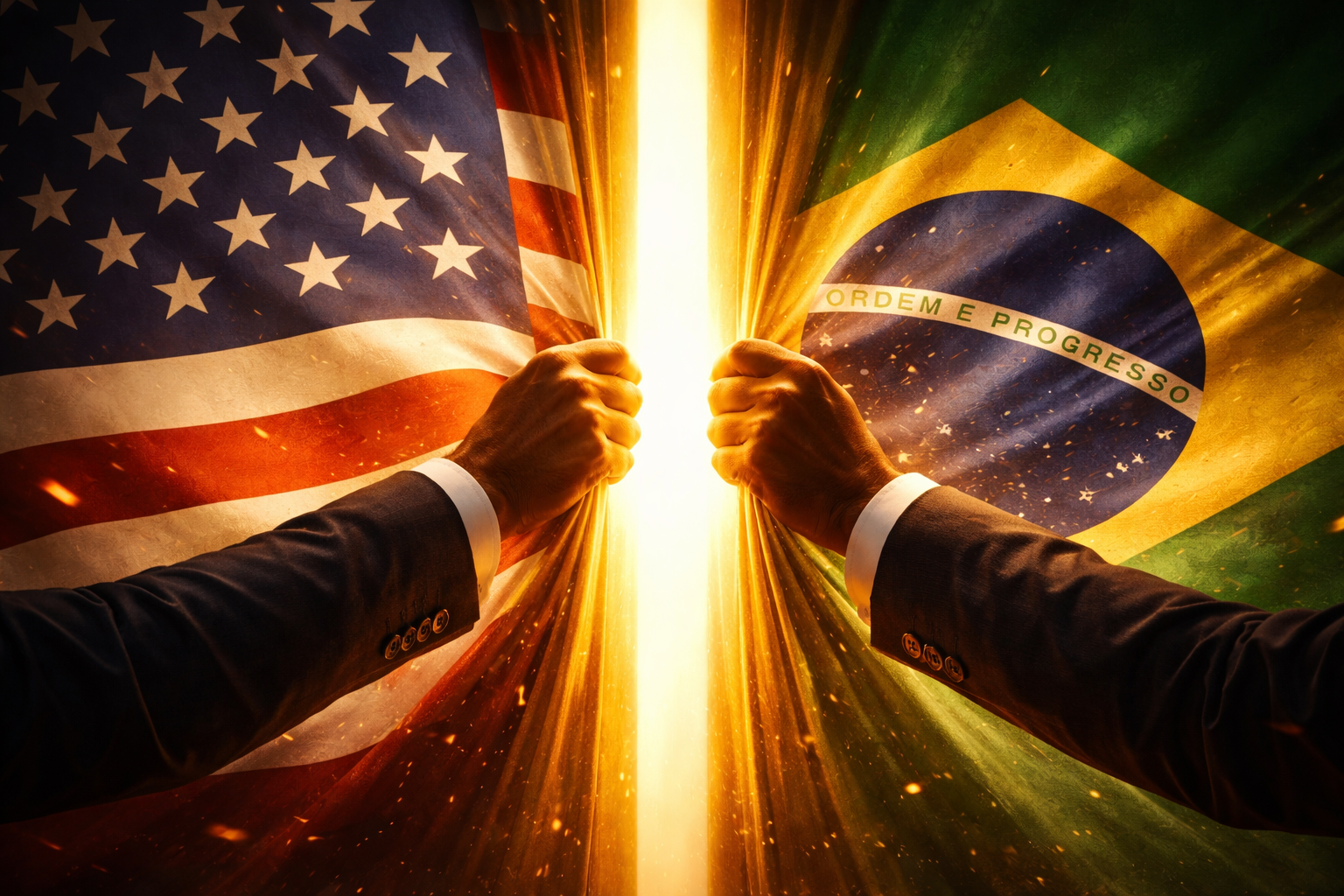 Two hands pull open a glowing golden doorway between the U.S. and Brazil flags, revealing bright light.