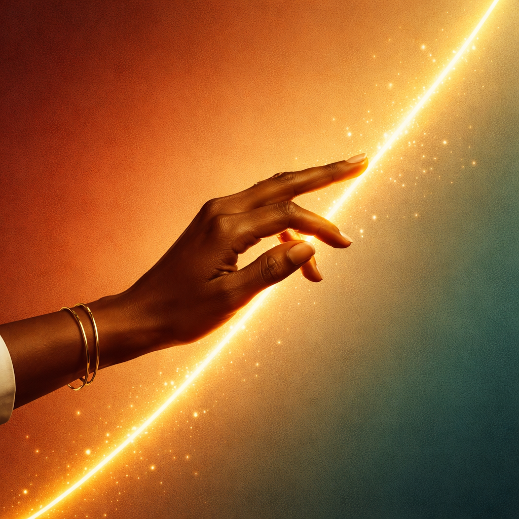 A Black woman’s hand traces a glowing golden line across a terracotta-to-teal gradient background.