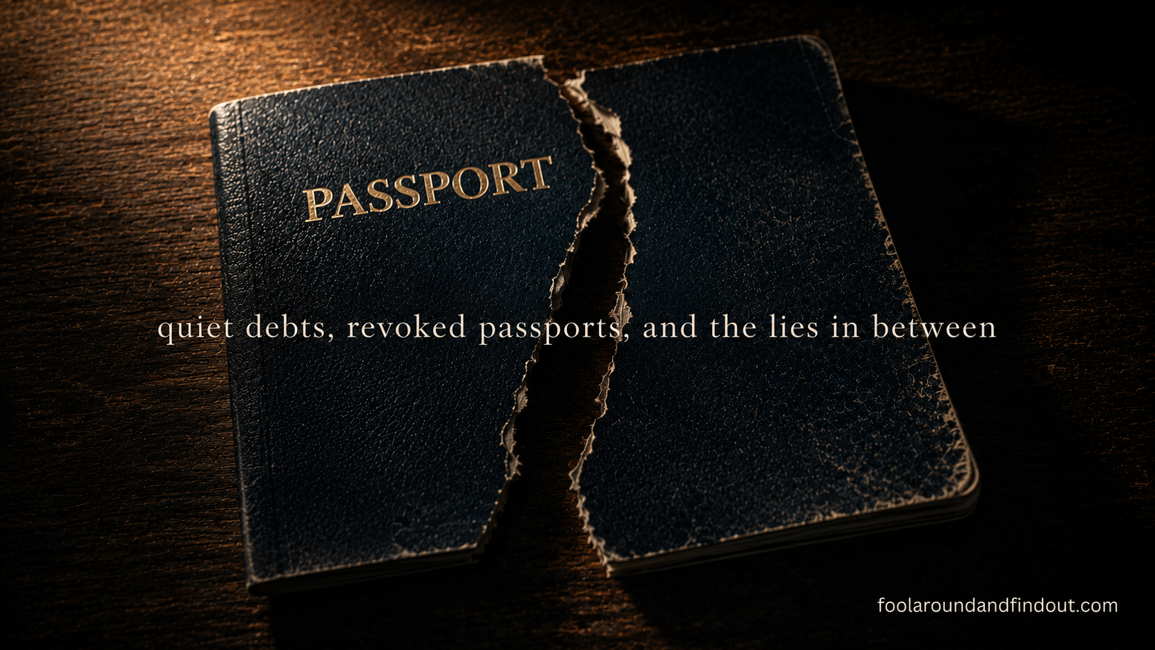 a worn u.s. passport lying open on a dark wooden surface, partially torn across the cover, lit by warm directional light from the upper left, photographed in a moody editorial style. foolaroundandfindout.com visible in the lower corner.